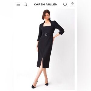 Karen Millen Black Square-Neck Belted Sheath Dress
